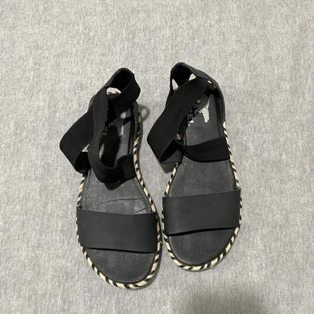 Sorel Ella II Sandal Womens 6‎ Black Leather Elastic Strap Espadrille NL4045-010